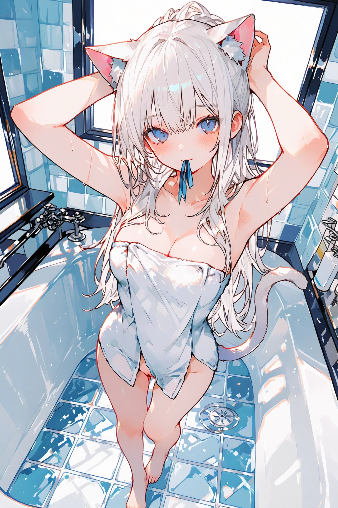 masterpiece、top-quality、1girl in。(bathrobe:1.2), white hair,Red Eyes,(mare:0.8), (Fantastical:0.7), (A smile:0.8),fox ear,salon,wear bra, wear dress , wet clothes,wet hanging,salon, perfect body, perfect breast,((blush on: 1.2)),((fox-tails:1)), perfect big fox-tails, crop top, ((white legwear)),hair bobbles, tights, recumbent on the bed, hot, girl below, looking up,(( Wear dress)), white suit,((wet:1.3)), neckline, navel, t-shirt, ((bra)), clothes lift, tights, perfect face,((peeing:1.4)),wear pantie, perfect breast, perfect body,(heart-shaped pupil:1.2)