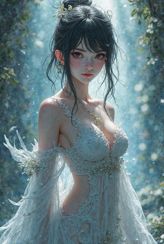8K ultra hd, masterpiece, ultra quality, a cute girl, cute face, detailed eyes, detailed lip, medium breathe, dress, green dress, beautiful dress, rain effect, wet, evening time, dim light, upper body capture, whole body capture,
