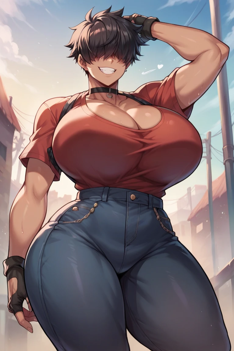 Muscular woman, with giant breasts huge big big big big, with thighs massive beefy muscular thick thick thick big big big, en ropa medieval, en ciudad medieval