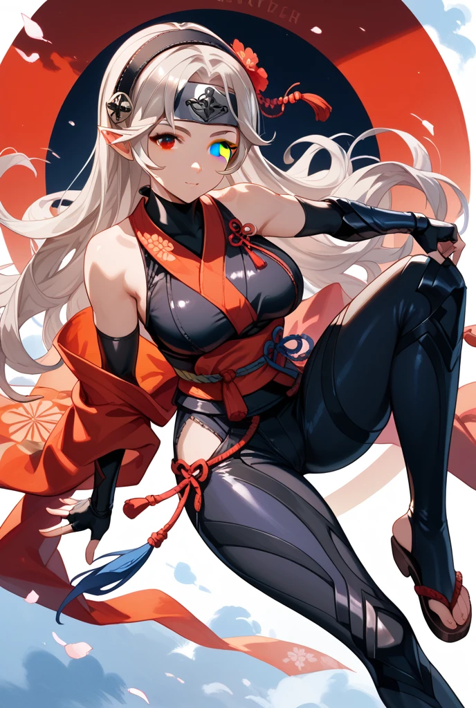 1girl, silver hair, string, ninja, higanbana, mask, short pants, shuriken