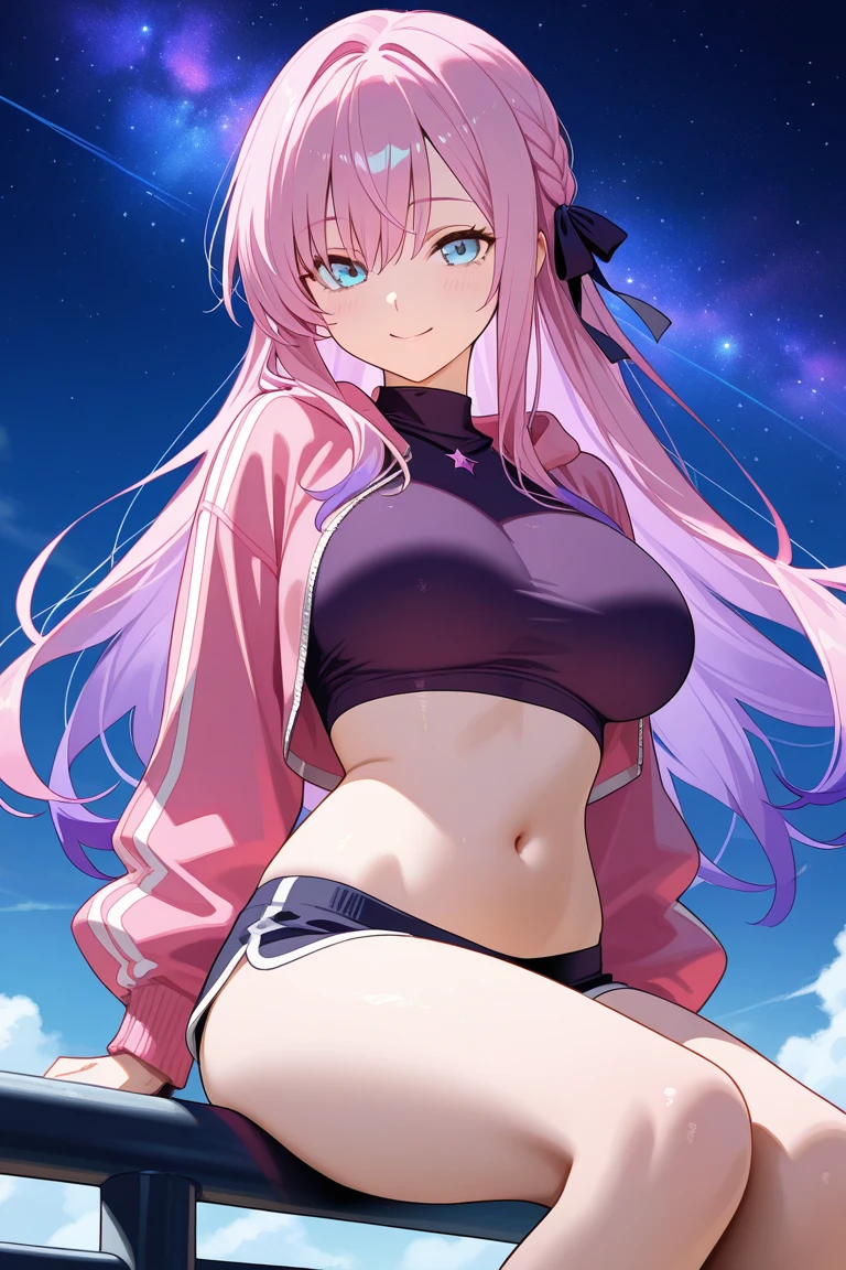 ((female)), (very messy hair), plaits, (sorriso feliz), Presas, ((abdominais rasgados)), Toned arms and legs, medium breasts, suor excessivo, (On the moon with starry sky and showing planet earth), olhos azuis brilhantes, ((cabelo rosa)), barefoot, ((Standing)), (((De frente para mim em pose sensual))), ((usando apenas um fio dental)),