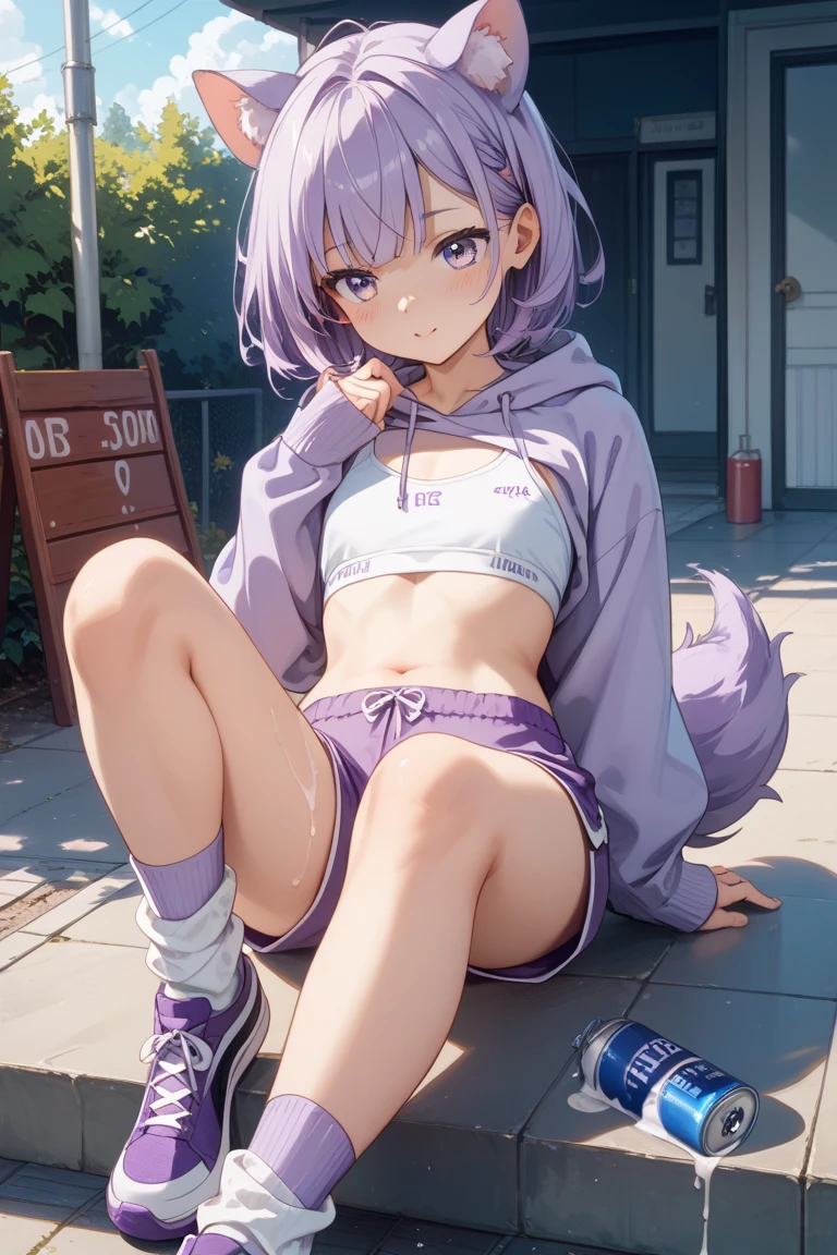 masterpiece,best quality,ultra detailed1girl, solo, looking at viewer, smile, open mouth, hair ornament, red eyes, ribbon, navel, jacket, full body, purple hair, :d, small breasts, shoes, shorts, hairclip, fang, off shoulder, short shorts, v, tan, sneakers, (tanlines), shoes, bare shoulders, jacket, shirt,dolphin shorts, white shirt,skin fang,(((short twintails))),((((messy hair)))),((mdssy twintails)