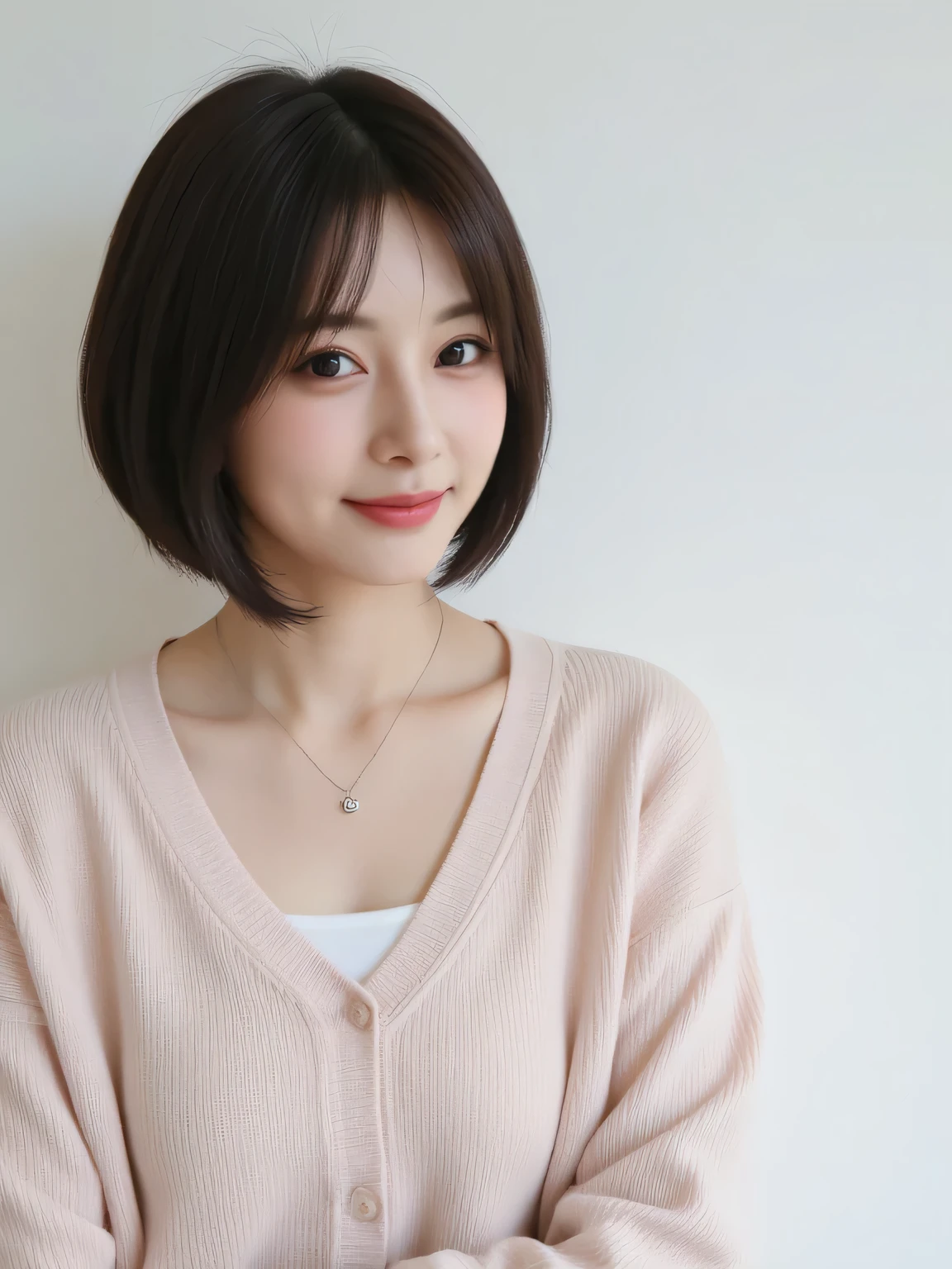 
((highest quality, 8K, masterpiece :1.3)), 1 girl, (bob hair、short hair,Taken in front of a white wall :1.2)、（gentle smile),Shot in natural light、pastel cardigan :1.1, Angle from above、super detailed face, fine eyes,(Highly realistic photos, High resolution, detailed face, fine eyes)、japanese woman, 3, Variety of facial expressions, alone:1, different hairstyles, casual clothes, Only one person appears in the photo、long sleeve dress、Shot in soft natural light、simple necklace、Spring clothes、Don't look at the camera、profile、Dark brown hair color