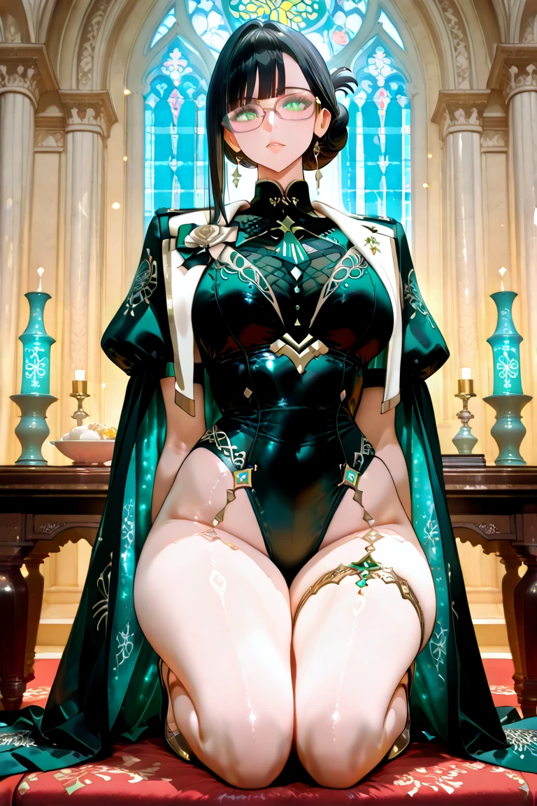 ((masterpiece, best quality, ultra-detailed, ultra-HD, photorealistic, cinematic)), (wide shot, full body view:1.5), perfect hands, perfect face, perfect body, (voluptuous body), large cleavage, round ass, round legs, ((dynamic background), (vintage Hollywood waves in a shade of brown-red), (bunny costume features a deep emerald green color with gold embroidery and beadwork, adding a touch of vintage luxury), (bunny ears are emerald green with gold accents), (sensual pose, sitting on a couch, partly spread legs)