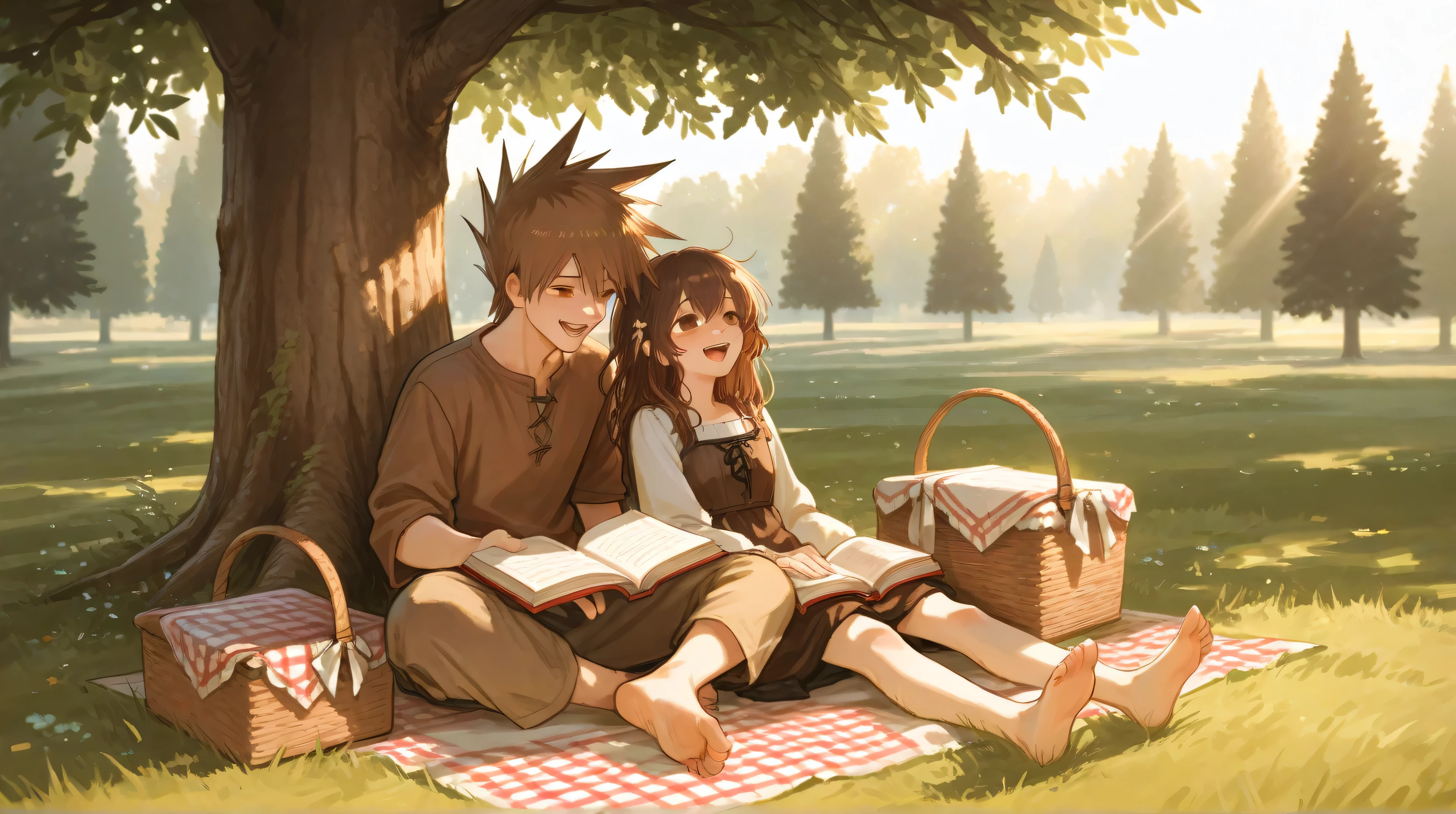 A sunny afternoon in a beautiful garden. main character, is a young girl with wavy brown hair and brown eyes, runs barefoot on the grass, laughing. Her older brother, a tall man with dark brown hair and sharp, but with kind eyes, , playfully ruffles her hair, while they sit under a big oak tree. A wicker picnic basket and open books lie side by side with them. Sunlight shines through the foliage, , casting off the golden glow. main character’s expression is full of joy and innocence, unaware of the bitter truth, who awaits her in the future.