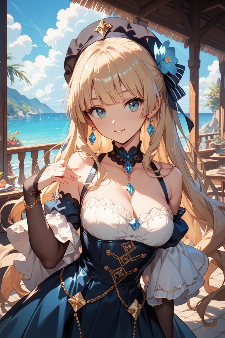 ((highest quality、High resolution))、Portrait、A beautiful woman、Perfect body、beautiful ample breasts、Long blonde、bangs、Blue and white、Embellished blue sexy dress、skirt、a sexually excited look、Show your、I'm inviting you to have sex、Outdoor Scenery