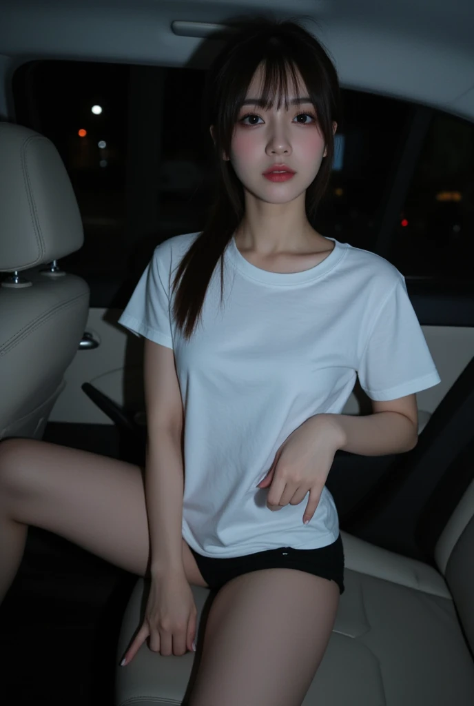 country road、sit with your legs spread apart、T-shirt、Only white panties underneath