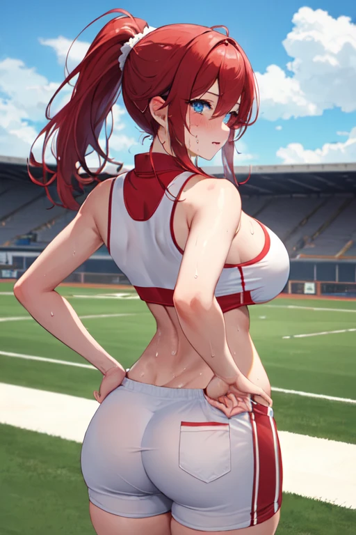 (masterpiece, 4k, best quality), photorealistic, cinematic, 1 girl, medium red hair, ((close-up shot, from behind:1.5)), looking at the viewer, perfect anatomy, curvaceous body, alluring, perfect eyes, detailed eyes, ((lips slightly parted:1.5)), medium-sized breasts, round ass, round legs, (((sweaty body))), sweaty skin, a determined female baseball pitcher, (((she wears a fitted and wet sleeveless team jersey with her last name 'Smith' on the back))), the jersey is paired with white baseball pants that have red piping down the sides, (((she wears a black glove on her left hand))), poised for a powerful pitch. her cap bears the team logo, casting a slight shadow over her focused eyes, a thin and adjustable headset rests over one ear, allowing her to communicate with the catcher seamlessly. behind her, the pitching mound rises, and in the distance, a sunlit stadium full of cheering fans sets the scene, extremely detailed Artgem, IG model, alena aenami and artgem, krenz cushart and artgem, artgem and atey ghailan