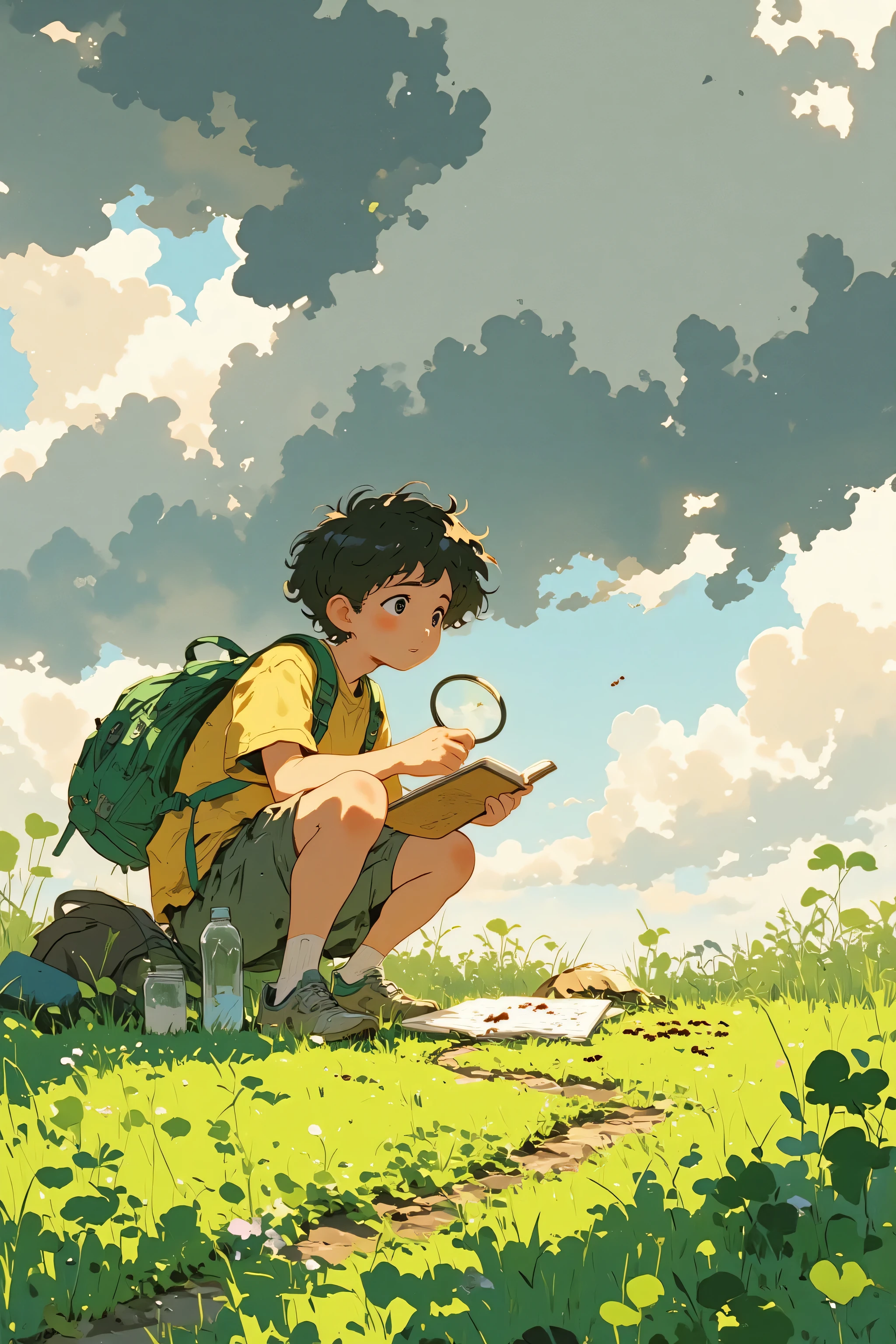 a young  crouching in a grassy field under a heavily overcast spring sky, holding a magnifying glass in one hand and sketching ants in a notebook with the other,  
the ants crawl in a winding trail through clover leaves and small pebbles, the ’s face shows focused curiosity,  
next to them lies a small backpack and a water bottle, the grass is fresh and green, dotted with tiny flowers and dew,  
above, thick grey clouds gather, hinting that rain may start soon, a soft breeze moves the tall grass and the 's hair,  
illustrated in a picture book style with thick lineart, soft watercolor textures, gentle color bleeding, and a warm paper texture, calm and heartwarming atmosphere, illustration style