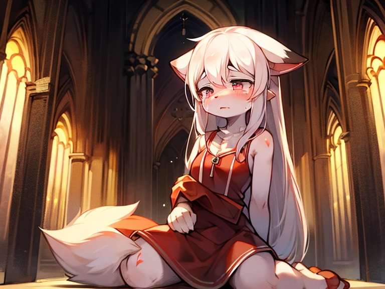 ultra-detailed, masterpiece, masterwork, high quality, best quality, hdr, (prison), posted on e621, (by hioshiru), nsfw, female, solo, (white little body dragon), hairy dragon, (long silver hair, yellow eyes, blush, sad, white chubby body), sitting, from below, dynamic angle, (nude, restrained, shackles), stain body, (little pee puddle)