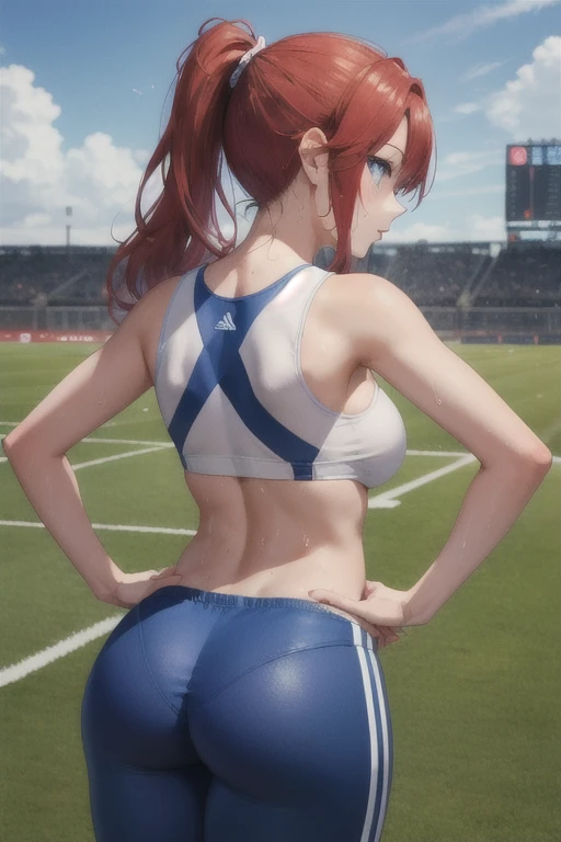 (((masterpiece))),(((High resolution)))、(((8K quality)))、(((Perfect Face)))、((Top quality eyes)), One Girl、24-years-old、Best Bust、Large Breasts、Beautiful Eyes、hot pink hair, ((Very Short Hair))、blue eyes, Paris Olympics、track-and-field arena、track and field athlete, Track and field uniform, wet body, Expressionless、blush、Sweat、looking at viewer, , looking back,  pose, bewitching pose, arched back, I'm stretching、bottom up, stick out , 