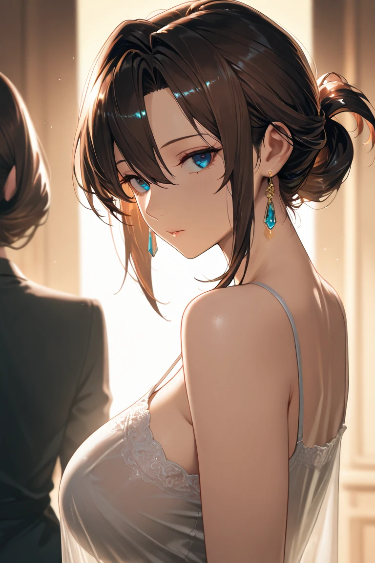 masterpiece, best quality, highly detailed, ultra high res, aichan, large breasts, 1girl, solo, blue eyes, short brown hair, braid, glossy lips, collarbone, wedding dress, elbow gloves, necklace, (light smile:0.8), view from behind