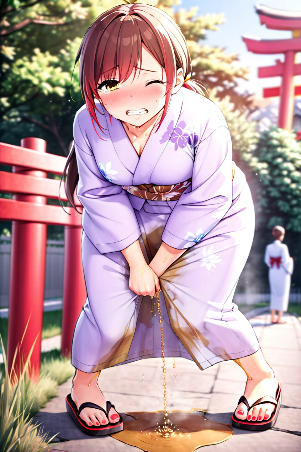 NSFW, (masterpiece, top quality, best quality, highly detailed:1.6), anatomically correct, (full body), wide shot, long shot, (Knee rubbing:3), (leaning forward, Hold the crotch area over the clothes:2.5), (standing:2), (((clutching crotch))), (woman standing in the shrine, outdoor), (miko, Maxi Length red hakama, Extremely wet with pee:2.5),strong facial expression, (sharp eye:1.2), (scowl:1.1), (embarrassed,blush:1.3), (steam:2.8), (Wet:1.1), (sweat:1.1), (trembling:1.3), (open mouth, wavy mouth:1.7), (clenched teeth:2.3), (Drooling from the mouth:0.7), (half open eyes:2.5), (Close one eye, Winking:3), (tears:3), (feeling weak:1.5), (bravery crying, sobbing:1.5), (shoot from front:1.2), (Red sandals:2), (long hair, Dark Brown hair, low ponytail:1.5), (woman trembling with sexual climax:1.5), colorful, perfect composition, (Touching the crotch:1.7), urination, incontinence, piss, peeing self, A lot of pee, (((pee stream))), (pee puddle), Wetting herself, peeing, blush, trembling, embarrassed, large breasts, Yellow pee, ((leaking pee)), Shaking one's shoulders, Breaking a sweat on forehead, Pee spread on the floor, (Pee stains), Full bladder, ((Pee-soaked hakama)), natural makeup,Pee dripping from hakama,((hakama with big urine stains)),(Widespread urine stains,hakama covered in urine),