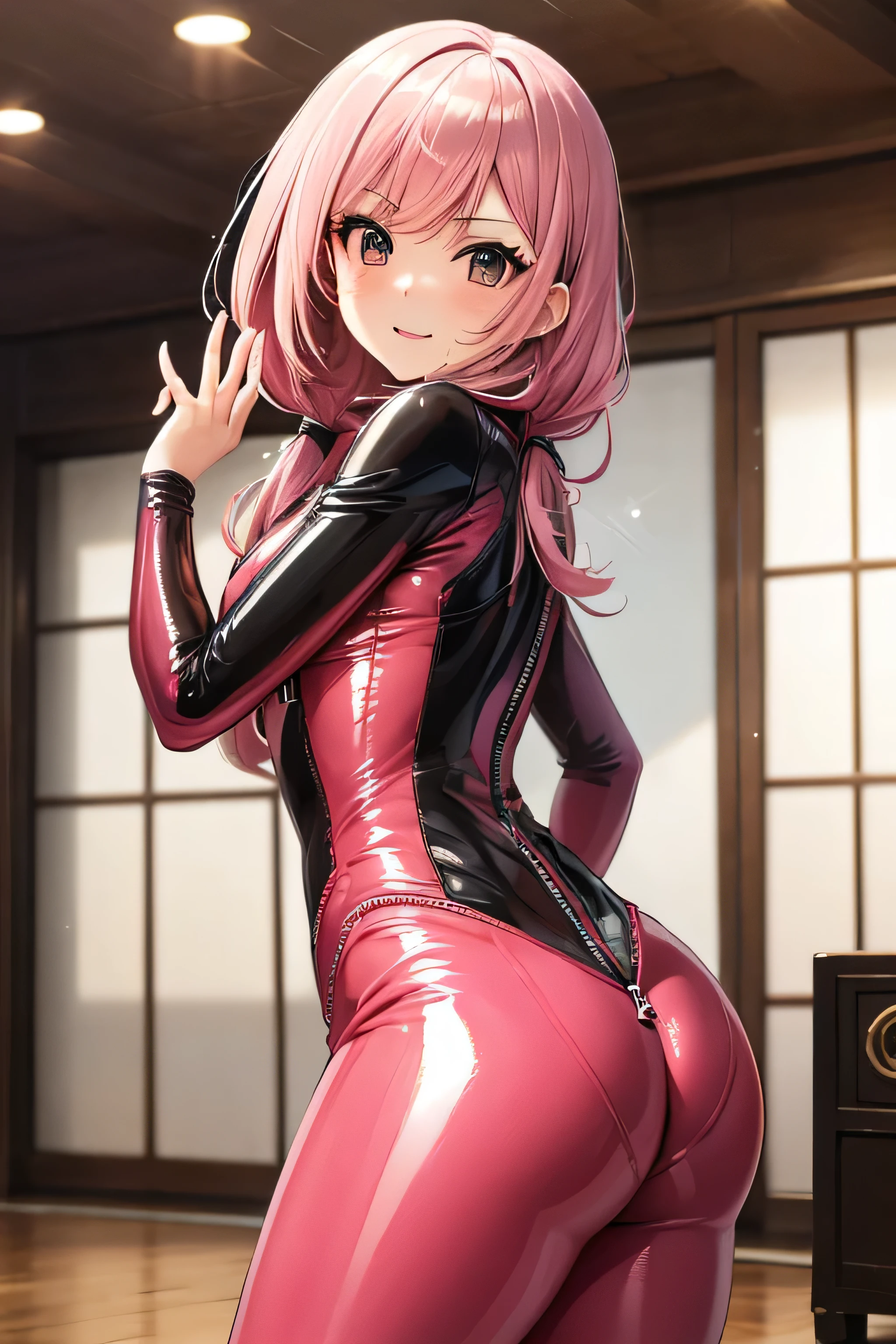 ((Anatomically correct hand:1.5)), Anime, Sexy, ((In Kyoto Animation Style:1.5)), super precision, ​masterpiece, very extremely beautiful, Princess Face, ((1人の女性)), ((Solo:1.5)), ((Pink hair:1.5)), ((BobKat 1.5)), BREAK, ((Black eyes)), short-cut, ((Straight hair)), BREAK, Full limbs,((complete fingers:1.5)), NSFW, ((racing suit)), BREAK, ((Skindentation:1.5)), Professional Lighting, (25-years old), Narrow waist, Shiny skin (Brown skin), ((Oiled skin)), glistning skin, Looking at Viewer, Cowboy Shot, ((Dynamic Pose:1.5)),  Looking at the camera, inside in room, A slight smil, Slightly open mouth, ((Cute)), ((squatt)), Ultra-fine eyes, Ultra-fine face, ((thin lips:1.5)), ((drooping eyes)), A slight smil, ((portlate:1.5)), faces, Looking at the camera, Colossal tits, ((Shunguang)), ((from behind)), ((frombelow)), buttock,