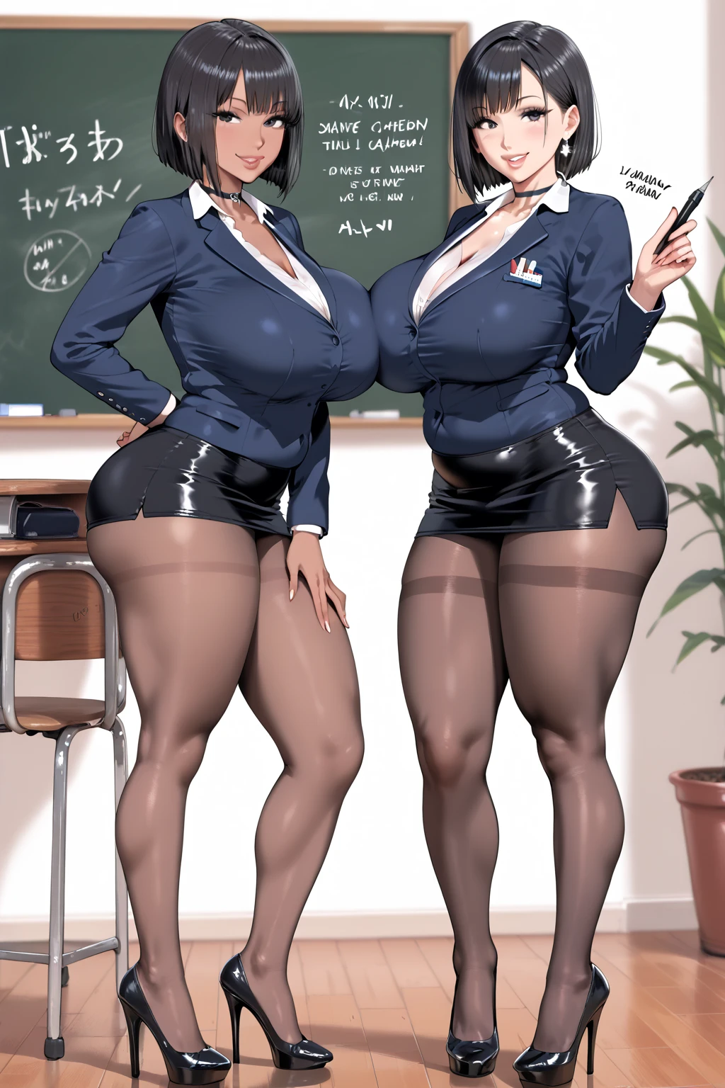 (masterpiece), (Highest quality), (((High resolution))), (Rebis style), (Kaoruko Sazaki), Brown Hair,Twin tails, (Highly detailed face),Erotic,((bimbo body)),Perfect Breasts,(huge breasts:1.5),sexy,(Perfect body line),Narrow waist, (Dark Skin):Costume change,(Sexy Catholic school), (School Background), (perfect full body)。