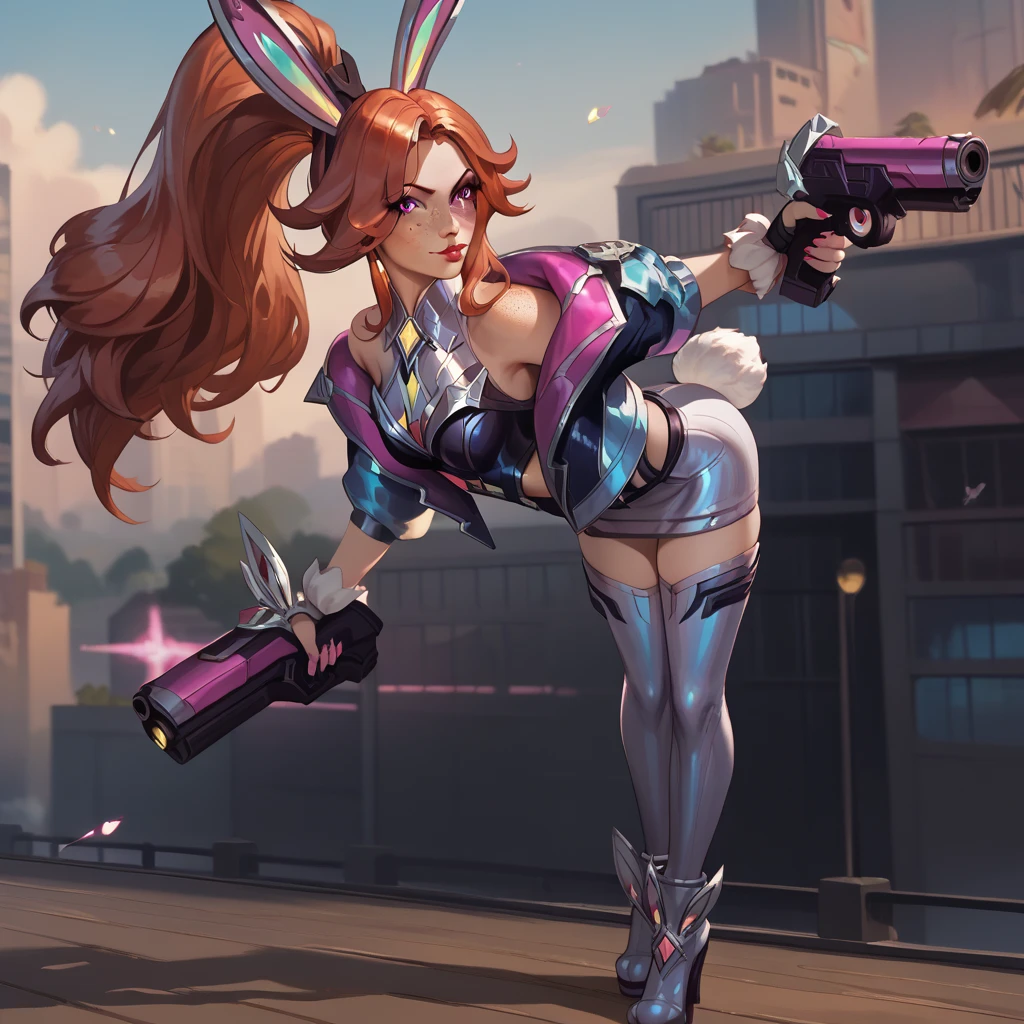 (battle bunny miss fortune), miss fortune \(league of legends\),league of legends, absurdres, highres, full body, 1girl, solo, (((smug))), orange hair, very long hair, big breasts, dress, layered dress, layered clothes, black and white dress, short dress, pink and white bunny ears, bunny ears, pink and white mini jacket, (mini jacket), bare shoulders, bare thighs, bodysuit, fingerless gloves, freckles, painted nails, looking at viewer, red eyes, thick thighs, ponytail, (white thighhighs), thighs, tight clothing, <lora:bbmf_lora-25:0.5>, ass, ass focus, (from behind:1.4), close-up, cleft of venus, (bent down:1.3),rabbit tail,, masterpiece, best quality, highly detailed, (8k), (4k), HDR, beautiful detailed girl, beautiful detailed face, beautiful detailed eyes, perfect shadow, masterpiece, best quality, perfect skin, shiny skin, perfect hands, perfect girl,