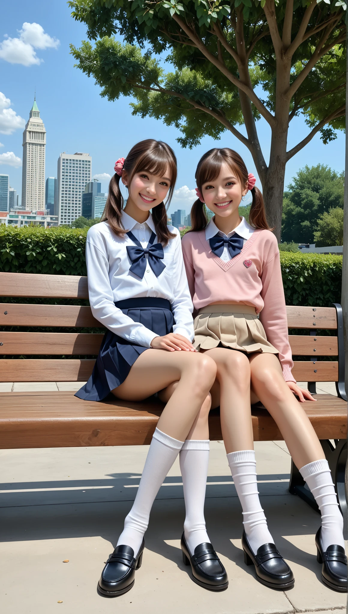 2 girls standing in wooden school classroom,white short-sleeved leotard with plaid frills,pink plaid bow tie,white lace tights,18-year-old,bangs,a little smile,thighs,knees,short hair with low pigtails,from before,front light