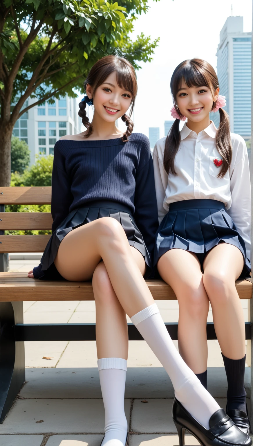 Pure Japanese school girl, sexual attractive, outstanding body, beautiful legs, shiny white skin, wearing loose uniform, high heels, panty, natural hairstyles, sweet smile, sitting on bench, refreshing in early summer morning, composition from the front,