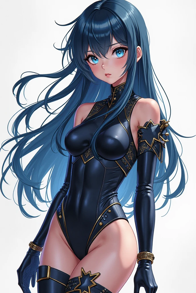 masterpiece, best quality, highres, 1girl, solo, superhero, leotard, bare legs, matching boots, sleeveless, looking at viewer, perfect hands, perfect eyes, perfect leotard, perfect legs, perfect arms, perfect fingers, medium breasts, black leotard, standing, (black hair), long hair, knee boots, blue eyes, heart cutout, cute face, hair down, bangs, sleeveless, black gloves, black footwear, cleavage cutout, evil smile, full body with costume. Simple background, Multiple Views, Character Sheet Full-Length. sfw.