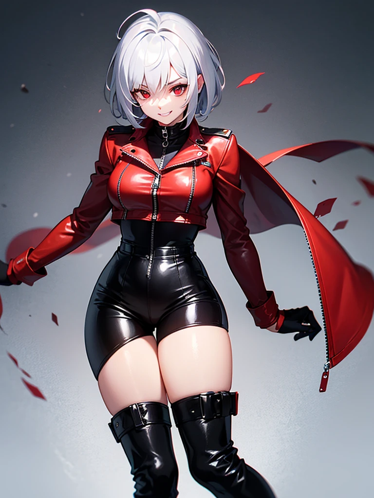 purah, red eyes, grinning, sharp teeth, red fox ears, in a dark evil laboratory, thunder crackling, lightning, wearing black mad scientist coat, short black skirt, black fishnet leggings, black stiletto boots, Jojo pose, high quality, good anatomy, sharp focus, detailed eyes, perfect hands,