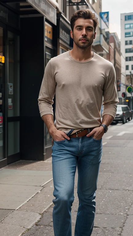 50yo male (ç¢é èª :1.3), brawny figure BREAK Mohawk hair BREAK geometric felt bronzete denim jeans, satin ribbons open weave sweater, chelsea boots, cricket hat, poncho ,,