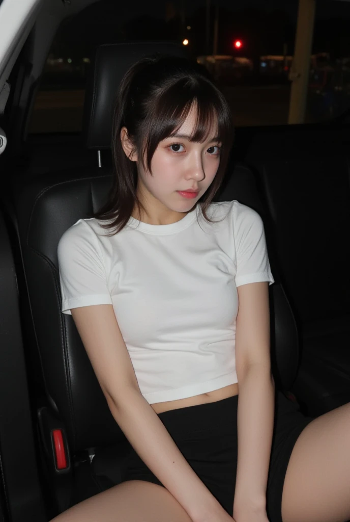 High school girl sitting in the back seat of a car, shirt covered in blood at night