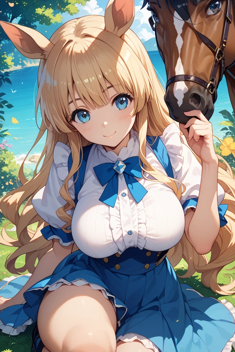 (masterpiece, best quality:1.2), 1girl, solo, blond hair, blue hairband, blue hair ribbon on the left, white-blue bra, black gloves, knight skirt, gray background