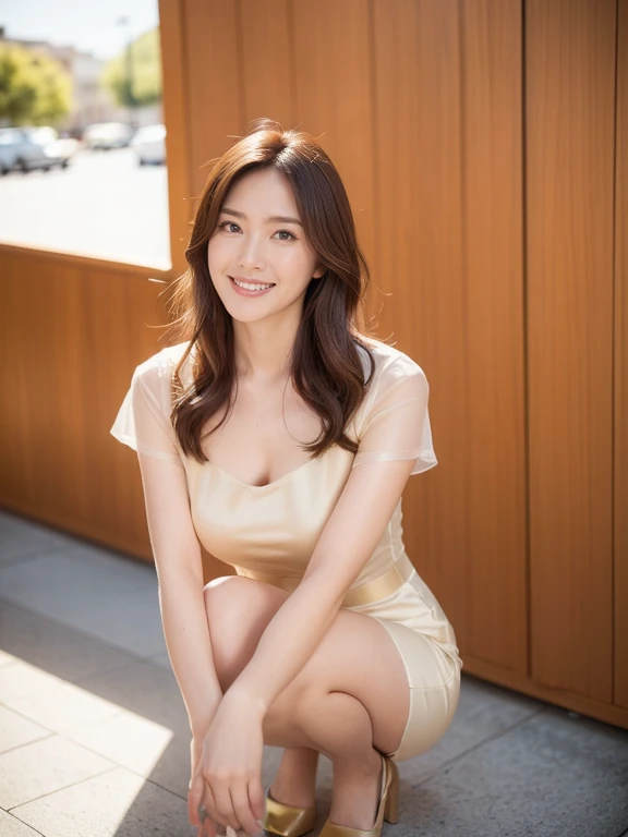 The small swelling of her breasts is slightly visible on her chest., (Leaning forward:1.3), mini skirt, woman,One girl, smile, Japan, Tokyo, Cherry Blossom, Octane Rendering, alone, Very skinny,V-neck suit,
