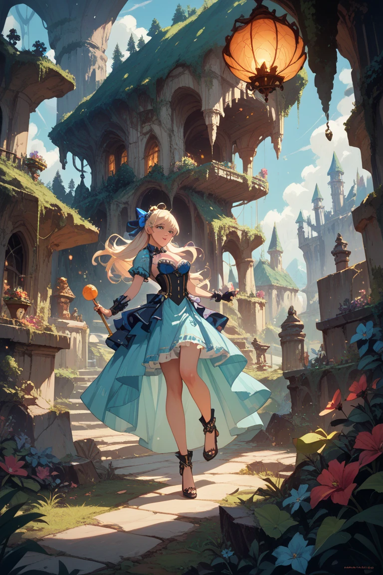 Arti modern anime. angled view, heroic pose, closeup portrait of stunningly beautiful "Alice in Wonderland" as an heroic brave lady, in a violent action scene, wind blowing long golden blonde hair, slim body, highly ornamented and detailed (blue alice in wonderland dress) and (white apron), knee high socks, mary jane shoes, surrounded my playing cards flying in the air, depth of field blur effect, night, full zoom, action portrait, photorealistic. cinematic lighting, highly detailed. best quality, 4k, Better hand, perfect anatomy, leaning forward, foreshortening effects, coy flirty serious focused expression, in Wonderland enchanted castle garden, holding a silver sword, in Wonderland as a fight scene