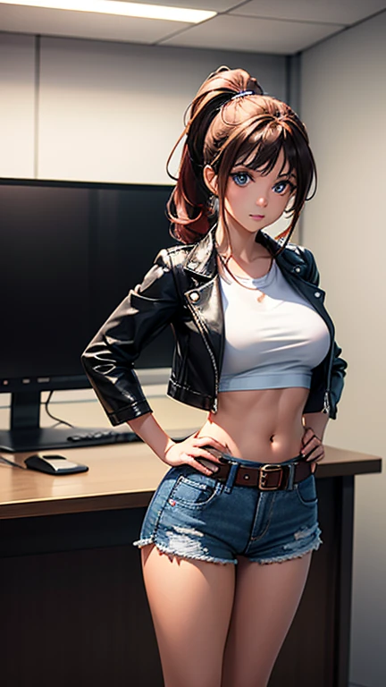 There's a woman standing in a room with a laptop, vestido con chaqueta corta de cuero, usar jeans, she is posing, hot little girl, her hand is on her waist, joven and cute girl, in a leather corset, Llevar un sexy top recortado, highly realista. live cam, pose sexy, joven , low quality video, she is dancing. realista