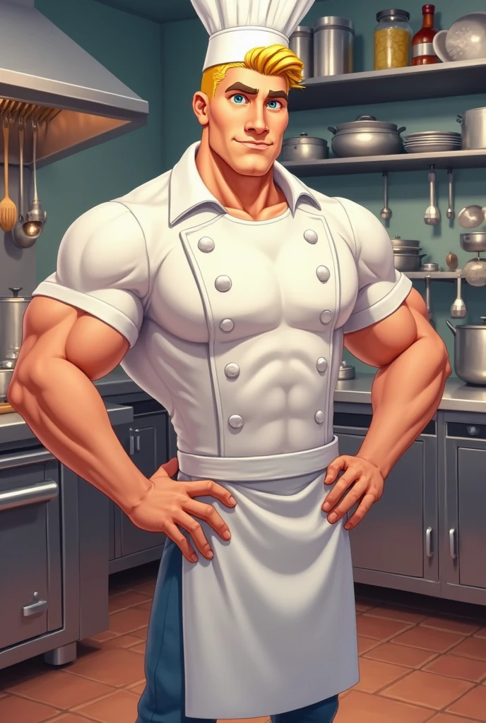 Close up, there is a man with dragon horns that is standing in the kitchen. commission for high res, naked, anthropomorphic, muscular chest, highly detailed full body, strong and imposing, detailed full body, muscular character, extra detailed body, macho pose, body detailed, (looking at the viewer), wet body, sweaty, short red hair, red beard, veins, topless, naked, wearing only apron, many body hair, cooking equipment, body hair, angry face, Red eyes, melting stones, flamming floor, wearing apron, topless and apron, Lava stone floor, flying baby dragon pet,