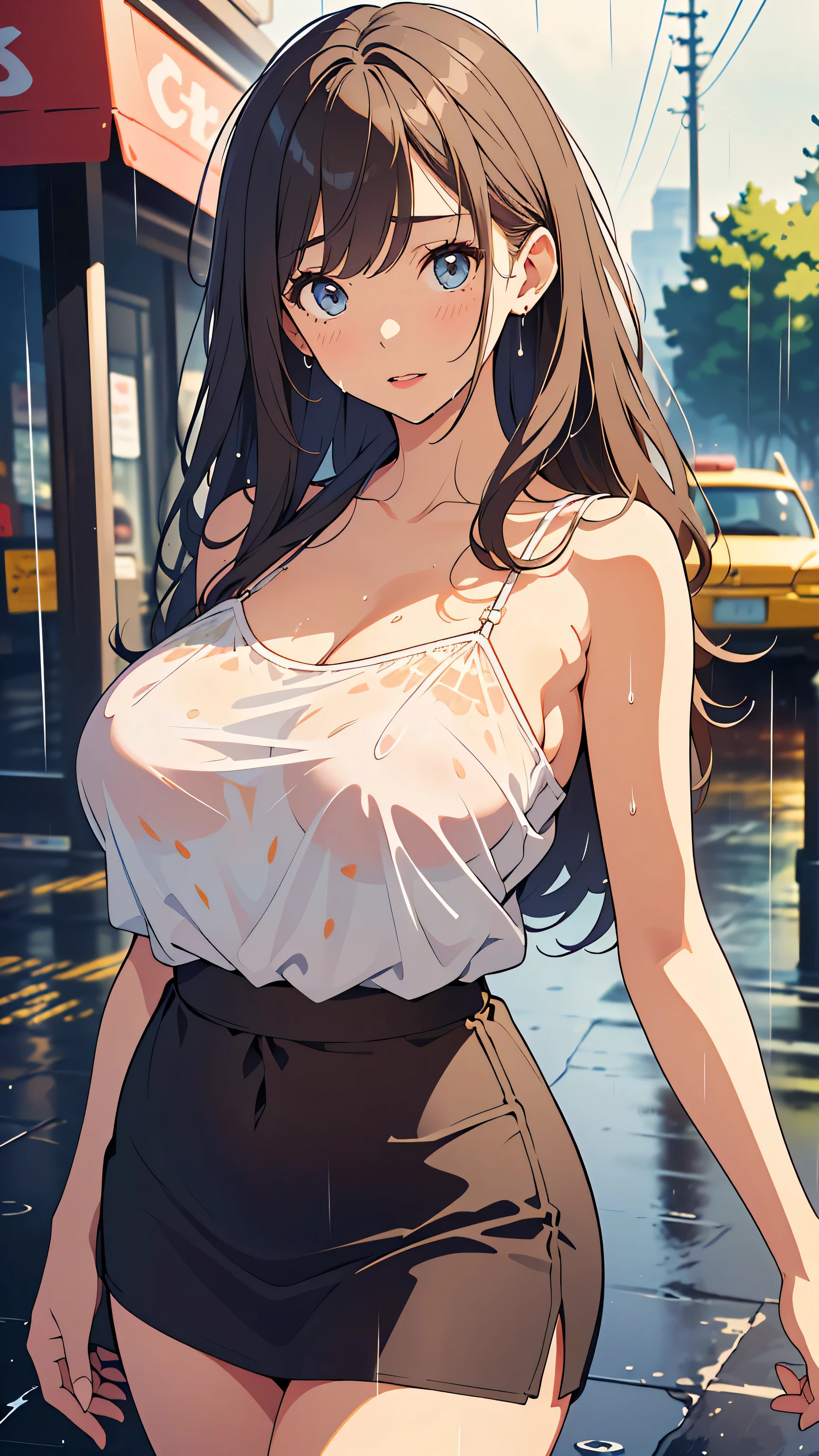 (Best quality, 8k, 32k, Masterpiece, UHD,:1.2),RAW, human, 1girl,ultra cute , ultra cute, natural lighting,transparent shining eyes, 20yo,medium breast ,femur, fair complexion , flushed face, ,breast, embarrassed, t-shirt, ultra cute,lace trim , wet hair, wedgie, on street, wet, Rainy day, short Skirt, erect Nipples