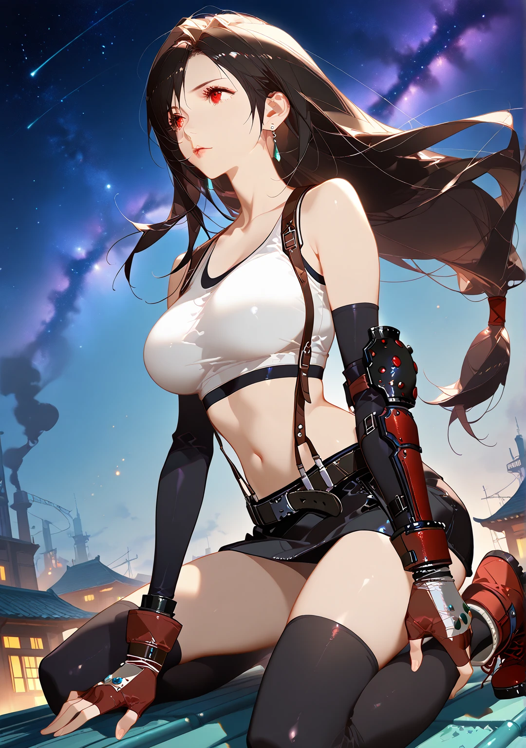 high resolution, Two-dimensional girl, whaite hair, Heterochromic eyes, No shirt on, tight panties, Large breasts, Large