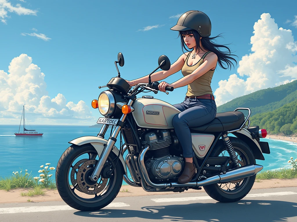Harold McCauley, Anton Pike, surreal, mystery, Strange, fantastic, fantasy, Science Fiction, Japanese Anime, Motorcycles parked at the sky pier, Mini skirt beauty rider on tethered line running towards motorcycle, Perfect plump body, Blue sky, cloud, 详细的杰作鸟瞰图surreal清晰焦点灯光屁股