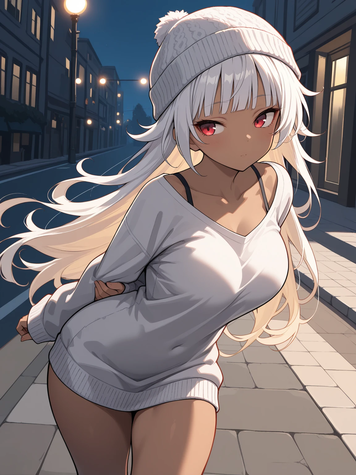 1 girl sitting on top of a street light, lustrous dark skin, foggy night, night city