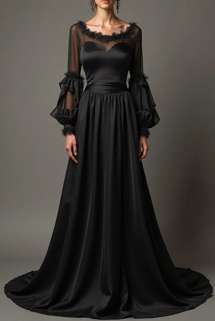 Arad woman in black dress standing in front of the wall,Holding a painting in his hand, flowing black gown, Black gown, digital art of an elegant, airbrush dark dress, flowinggown, dark flowing robe, Robe. extremly high detail, an elegant woman in black dress, luxury fashion illustration, extravagant dress, floating dress, Woman in black robes