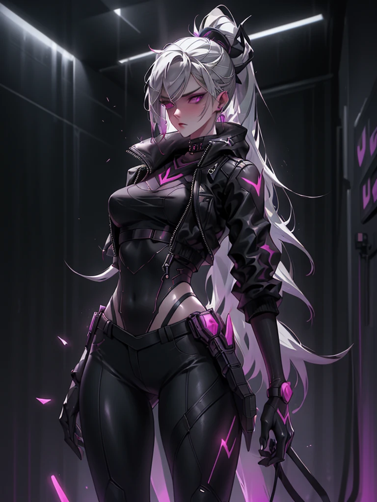 obra prima, 4K Ultra HD, foco nítido, realista, uma garota no estilo Gura Gawr de Hololive, but with the following characteristics: Athletic girl, Wearing a stylized black and white jumpsuit, in a Japanese city at dusk with a purple starry sky with some stars, Inspirado no estilo de arte GUWEIZ