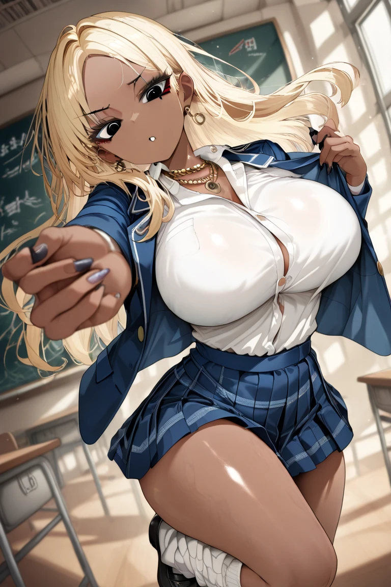 masterpiece,ultra detailed,sharp focus,smooth anime,high resolution,fringe hair,(blonde hair,tanned skin:1.5),curvy adult body,bow tie,school cardigan,huge breasts,baby face,(cleavage,nipple-baring:1.2),,dress shirt,navy pleated skirt),,peace sign,double peace,(thick lips:1.3),(tareme:1.3),earring,(having sex on bed,vaginal penis),,(pubic hair),bedroom,(at morning,sunny day,morning sun light from window:1.2),cowgirl position,(blushed and grinning:1.4),pubic hair,(wetty pussy:1.3),(sweaty),(creampie,cum in pussy:1.2),open mouth,excessive cum in pussy,(look at viewer:1.2),thick thighs,curvy adult body,close up,