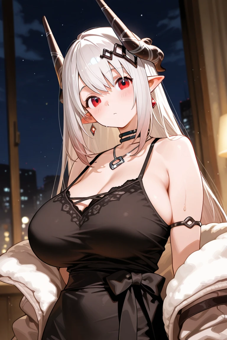 ((best quality)), ((masterpiece)), (detailed), 1 girl, long white hair, black horns, red eyes with hearts, big breasts, big thighs, black succubus tail, sonrisa seductora, vestido rojo provocativo, at home