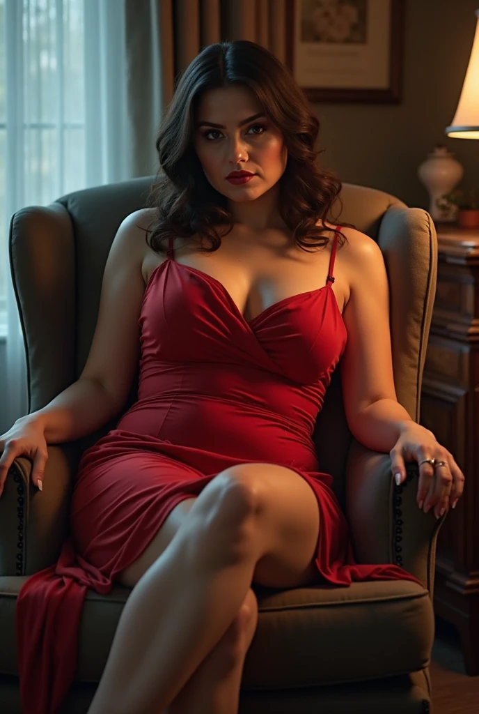 there is a woman in a red dress sitting on a couch, sexy :8, posing in a bedroom, sexy red dress, very seductive pose, very sexy pose, elegant seducing pose, sexy pose, sultry and beckoning, posing in bed, sexy girl, in a red dress, girl wears a red dress, the extremely hot and sexy, red dress, big , cleavage show, oily skin