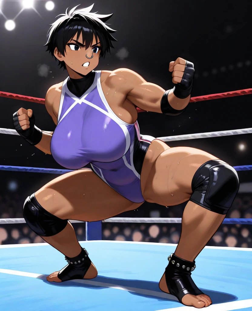 (ultra detailed body, ultra detailed face), ((solo, 1 girl)), anime style, hires, ((wrestling stage, (children watching))), (hinata\(boruto\), (female wrestler), (slender body, broad shoulders), mature woman, milf, (leotard with open belly button area, ultra detailed pro wrestling gear, long gloves), extremely gorgeous, (smile, closed mouth), (pale skin, shiny skin, lighting and shadow), (dark blue hair color:1.1), wavy hair, ((short hair, hime cut), big breasts, ((hands on hips)), (long belly), (very seductive), (perfect eyes, white sciera, bright eyes, white eyes, anime eyes)