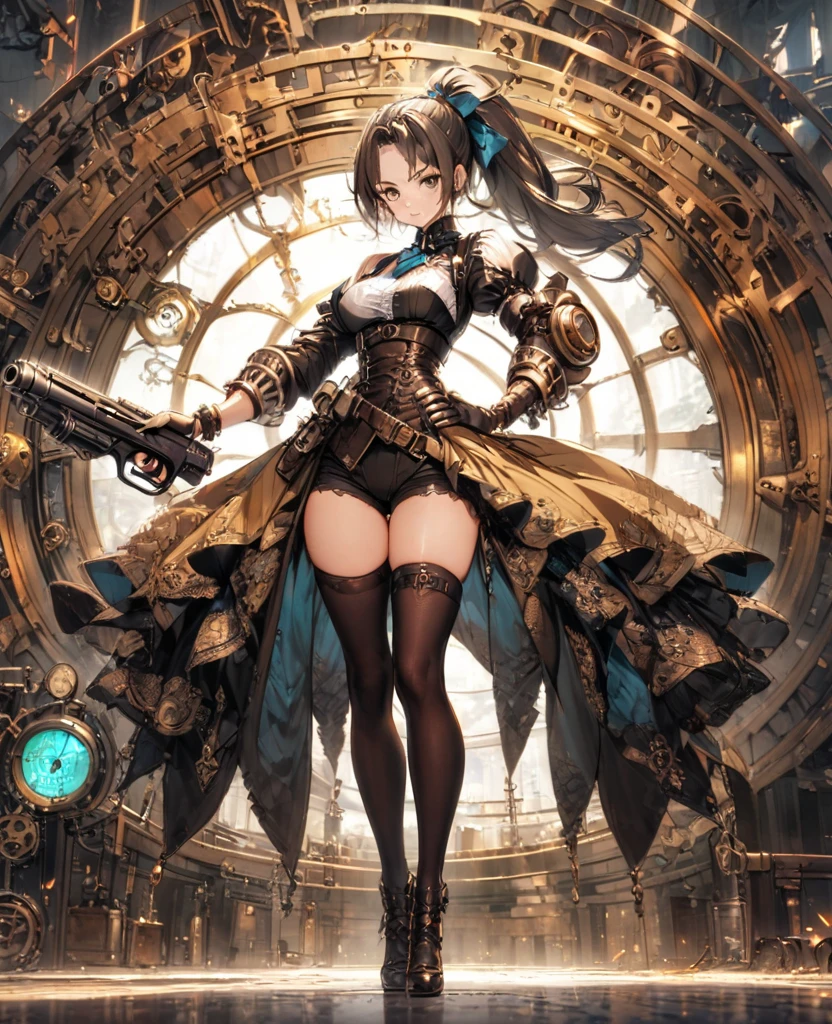 tsuruta ichiro,  1girl in, Solo, sexy lingerie, thighs thighs thighs thighs, over knee BOOTS,  ((flat breast)),  Smile, ((Two-block、Reaping、Bob Hair、shorth hair:1.5)), blue grey eyes, A dark-haired, gloves, Bare shoulders,   makeup, lip stick, Illustration, Back Light、bontage、corsets、razor、leathery、mistress、slaves、big butts、whips、A slender、小柄、Cool Beauty、toppless、all-fours、gargantilha、Restrained by chain、Riding whip