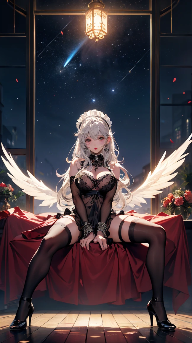 ((Finest quality)),(超A high resolution),(ultra-detailliert),(Meticulous portrayal),((Best Anime)),(Finest works of art),(Ultra-Precision Art),(The art of astounding depiction,Overwhelming depiction:1.5),(intricate and detailed art:1.6), (adult woman:1.5),(Hanging:1.6),Staring at this:1.4,sneering:1.5,(Armor shaped like a skeleton:1.3), (Black Flame:1.5), terrifying, nightmarish, cosmic horror, body horror, NSFW, small breasts, a heavenly female knight, imposing, biblical, NSFW, long white grey hair, grey white eyes, very skinny, detailed, best quality, prominent collarbones, skinny arms, flat stomach, visible hip bones, small breasts, full body, red and white clothing, occult aesthetic, occult, detailed and intricate steampunk and detailed gothic, NSFW, Fluttering lace flared long knee length dress with frilly petticoats, knee length dress, pleated petticoats, petticoats gothic, complex lace boots, gothic aesthetic, wielding a mighty sword with mechanical components, mandalas, small breasts, a fairy, various different types of insect wings, bug wings, beetle wings, NSFW, full body, whole body, body, chains,