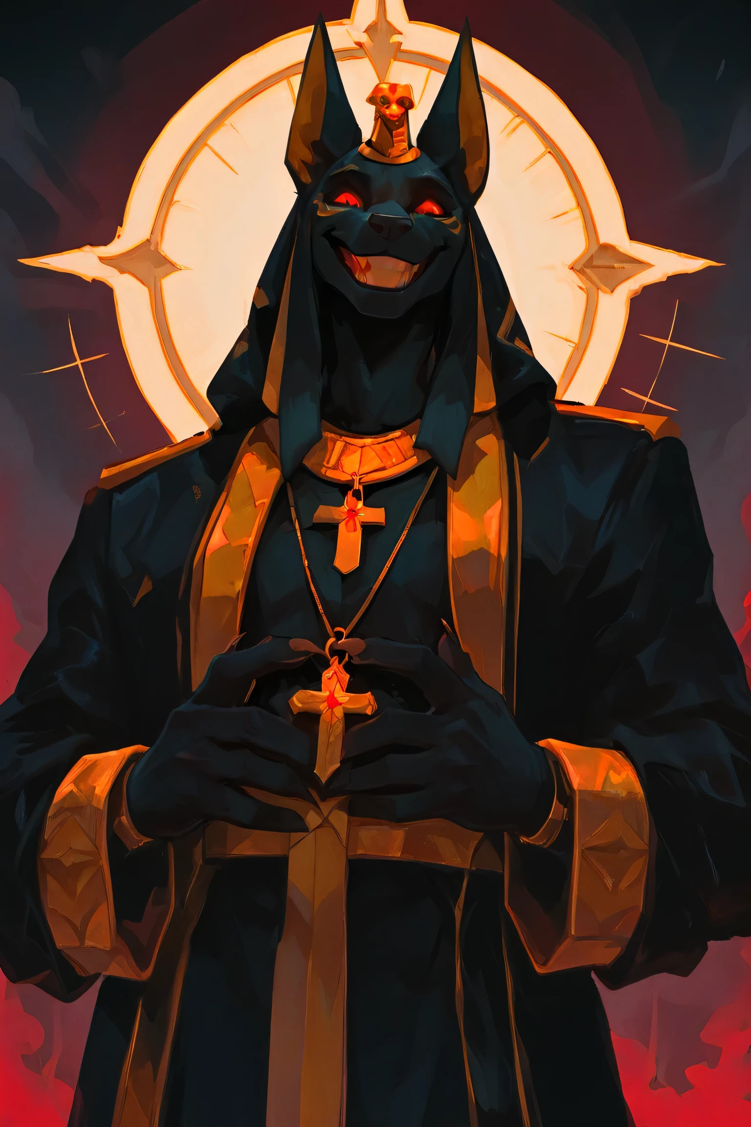 Anubis with gold cord with initials PPRT engraved on the pendant, With your mast in your hands and with an evil face, evil, godly, wide evil smile, furry, jackel