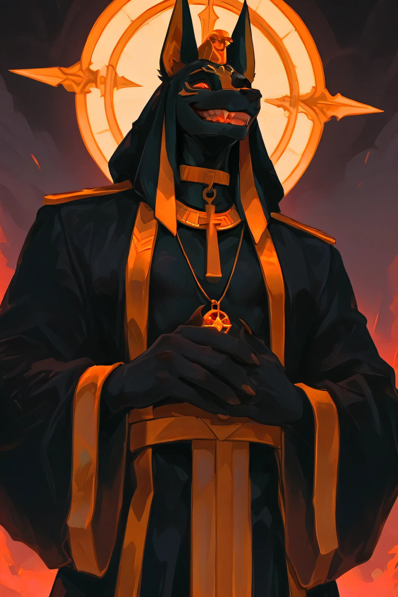 Anubis with gold cord with initials PPRT engraved on the pendant, With your mast in your hands and with an evil face, evil, godly, wide evil smile, furry, jackel
