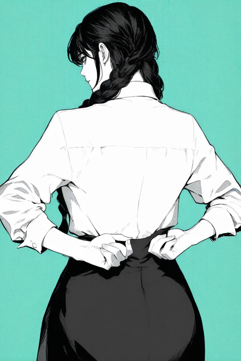 Fastening bra straps, rear view, woman, line drawing, black and white, hands around back, removing bra, dress shirt, black jeans, Japanese
