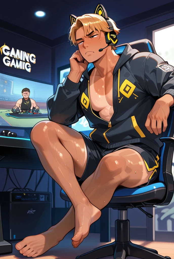 a guy, Early 30s, bald man with short stylish beard, athletic body, wearing yellow jacket with blue neon, sunglasses, robotic arm implants, connected ends, in his bedroom, using a computer to hack, sci fi environment, night-time, POV view