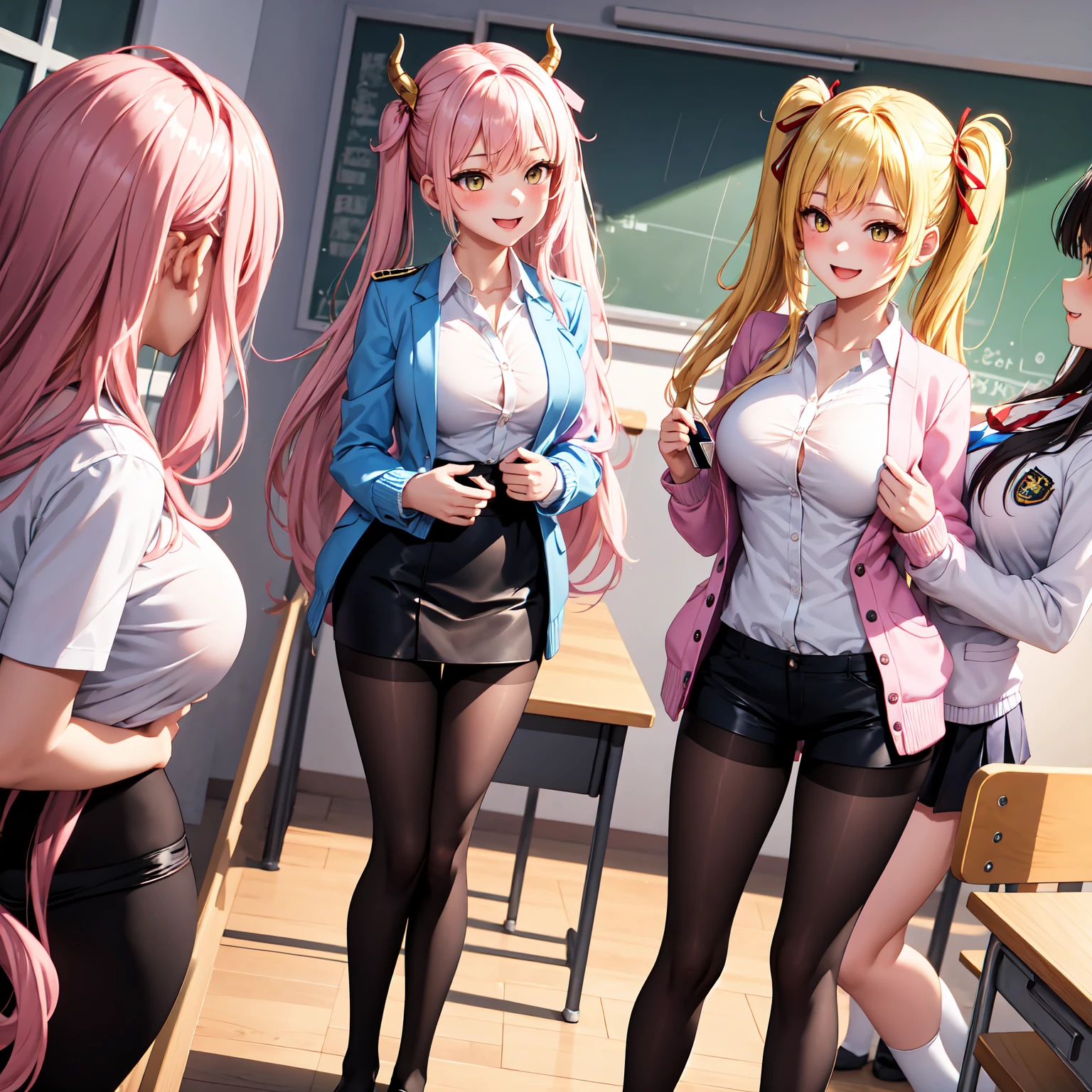 anime style, Drawing, absurd、Ideal Anatomy、Olivier Mira Armstrong、the bra is very、Bra visible from clothes、Bralin、breast、Classroom、neckline on the chest、clavicle、Desktop、Above、Small breasts, hair length, on Desktop, pleated skirt, school desk, student clothing, look through, shirt, sitting on, Sitting on a Desktop, skirt by, One, hips hips hips hips, red blush, smile, elf, showing panties under dress, Small