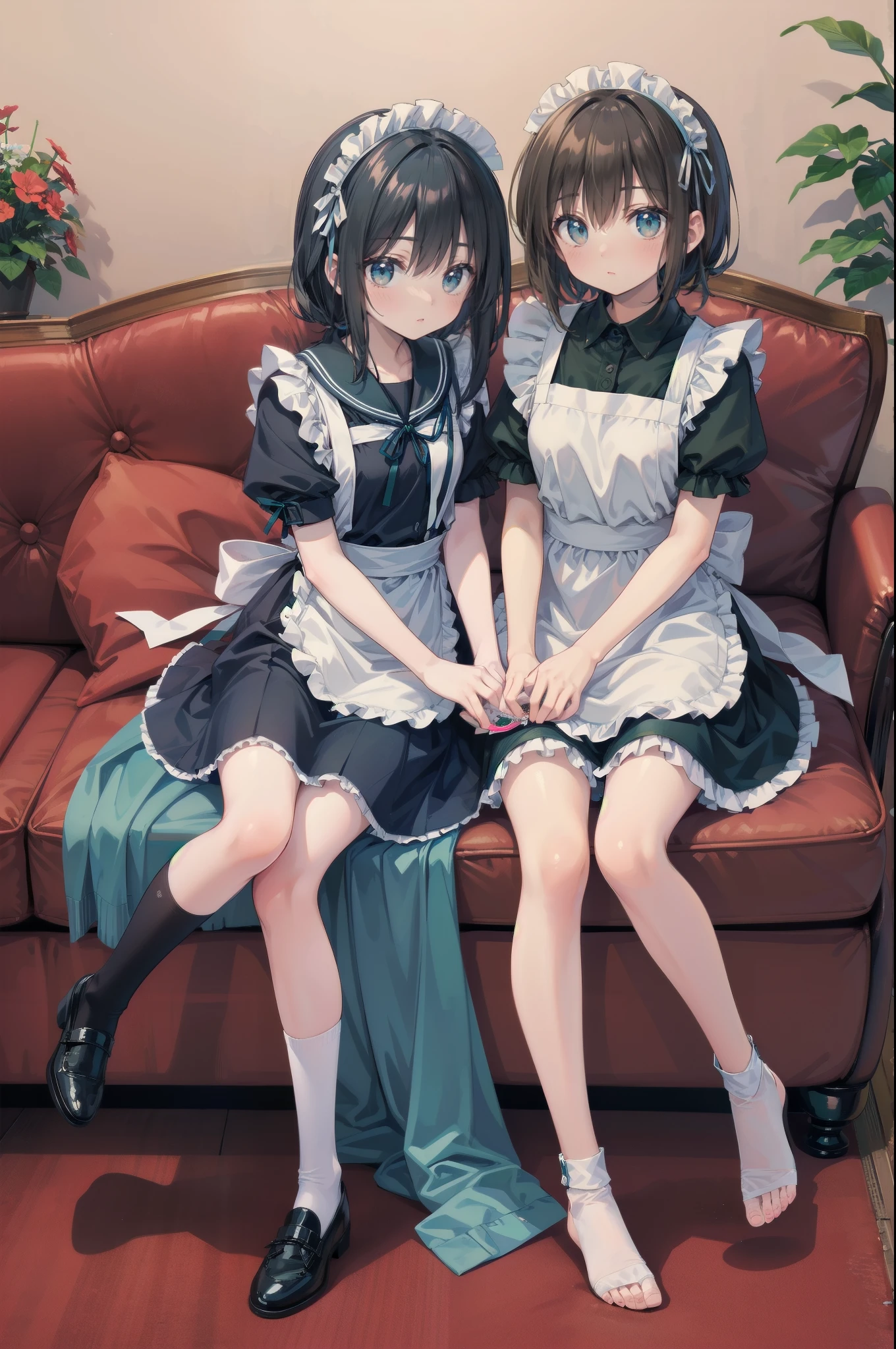(masterpiece), Princess,2 Maid,Princess,sisters,black hair,small breasts,noble polka dot underwear, long skirt,sit,squat,Natural light, realistic, diffused light, look up from below,vapor, (lift skirt), (urination), Pigtails,lace stockings 1,Luxury Long Dress,embarrassing red face,,Weeding in front of the flower bed in the garden,satin fabric,,