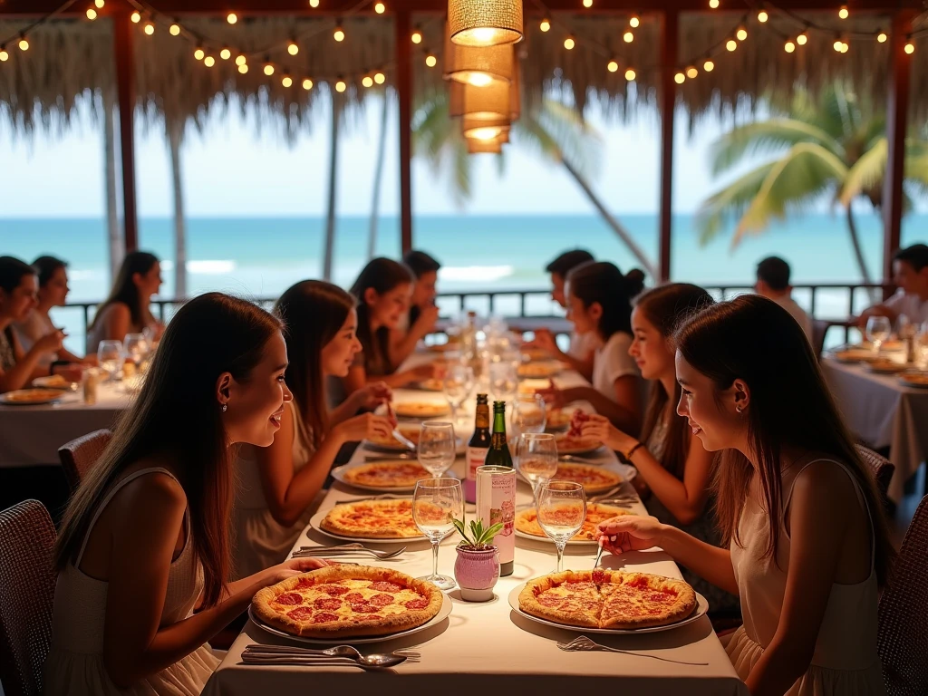 Five beautiful busty women wearing resort dresses are sitting on chairs by the seaside, enjoying a beach party. On the table are delicious-looking food, colorful cocktails, and sparkling wine.。beautiful sunset sky. The sun is sinking into the sea. 